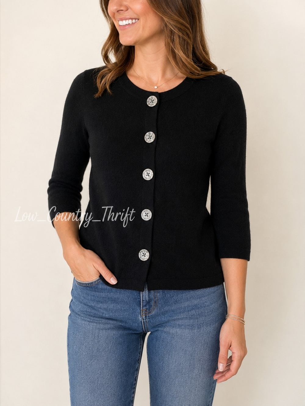 Banana Republic XS Black Wool Angora Cardigan 3/4 Sleeve Button Sweater
